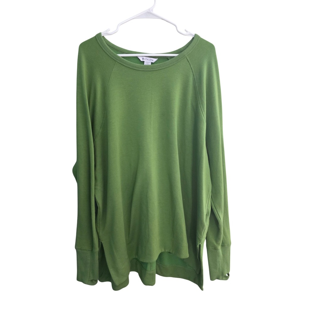Athleta Coaster Luxe Sweatshirt Green Raglan Fleece Pullover 1X Thumbholes
